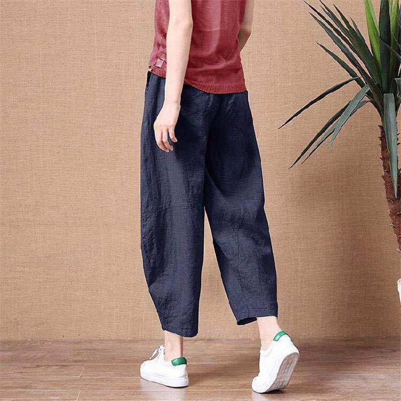 Cotton Linen Pants Elastic Waist Vintage Trousers Lady Loose Casual Pants