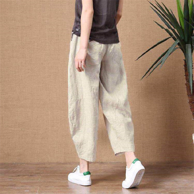 Cotton Linen Pants Elastic Waist Vintage Trousers Lady Loose Casual Pants