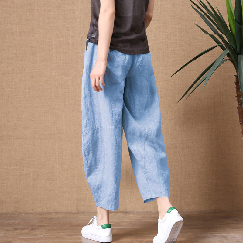 Cotton Linen Pants Elastic Waist Vintage Trousers Lady Loose Casual Pants