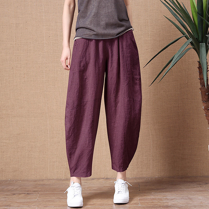 Cotton Linen Pants Elastic Waist Vintage Trousers Lady Loose Casual Pants