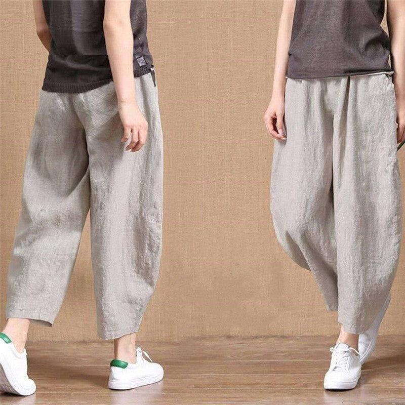 Cotton Linen Pants Elastic Waist Vintage Trousers Lady Loose Casual Pants