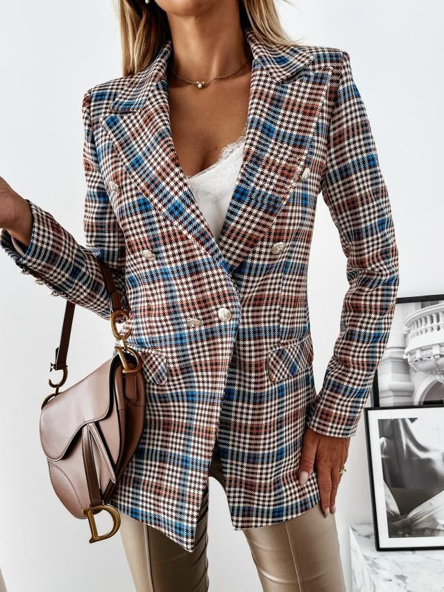 Lapel Long Sleeve Buttons Suit Plaid Jacket