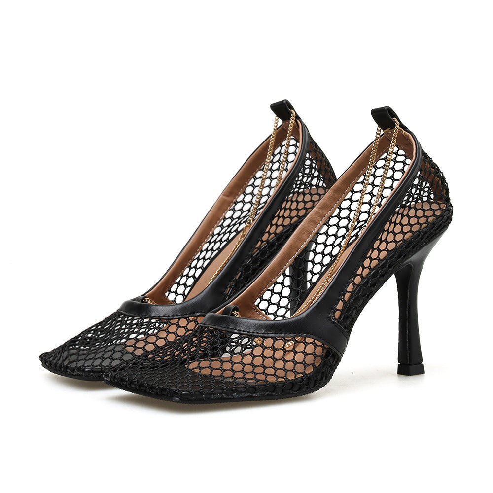 Sexy Mesh Pumps Sandals Female Square Toe High Heel