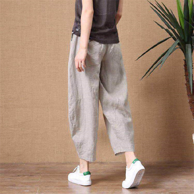 Cotton Linen Pants Elastic Waist Vintage Trousers Lady Loose Casual Pants