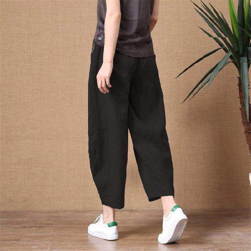 Cotton Linen Pants Elastic Waist Vintage Trousers Lady Loose Casual Pants